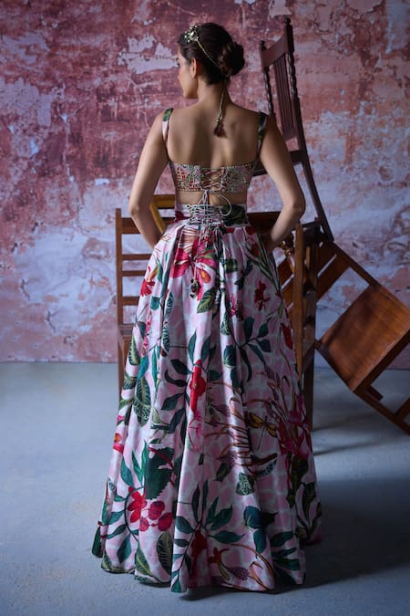 Shop Mahima Mahajan Pink Satin, Organza Mirrors, Sequins, Zubi High Waisted Floral Print Lehenga Set at Aza Fashions Shop_Mahima Mahajan_Pink Satin, Organza Mirrors, Sequins, Zubi High Waisted Floral Print Lehenga Set _at_Aza_Fashions