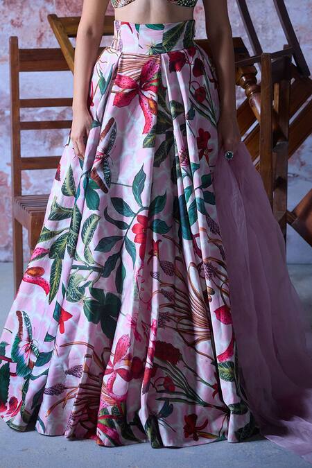 Mahima Mahajan Pink Satin, Organza Mirrors, Sequins, Zubi High Waisted Floral Print Lehenga Set Online at Aza Fashions Mahima Mahajan_Pink Satin, Organza Mirrors, Sequins, Zubi High Waisted Floral Print Lehenga Set _Online_at_Aza_Fashions