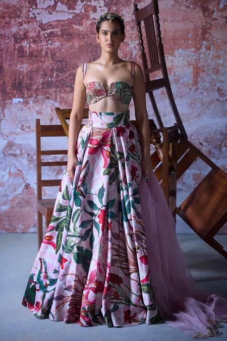 Buy Mahima Mahajan Pink Satin, Organza Mirrors, Sequins, Zubi High Waisted Floral Print Lehenga Set Online at Aza Fashions Buy_Mahima Mahajan_Pink Satin, Organza Mirrors, Sequins, Zubi High Waisted Floral Print Lehenga Set _Online_at_Aza_Fashions