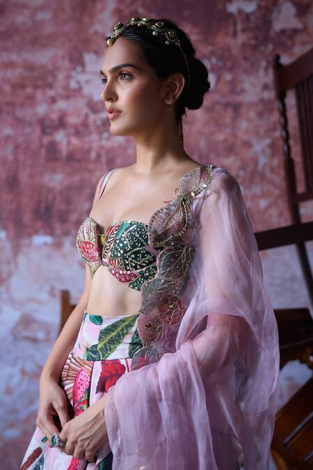 Shop Mahima Mahajan Pink Satin, Organza Mirrors, Sequins, Zubi High Waisted Floral Print Lehenga Set Online at Aza Fashions Shop_Mahima Mahajan_Pink Satin, Organza Mirrors, Sequins, Zubi High Waisted Floral Print Lehenga Set _Online_at_Aza_Fashions