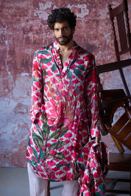 Shop Mahima Mahajan Pink Satin, Organza, Cotton Apurva Gardenia Print Kurta With Pant at Aza Fashions Shop_Mahima Mahajan_Pink Satin, Organza, Cotton Apurva Gardenia Print Kurta With Pant _at_Aza_Fashions