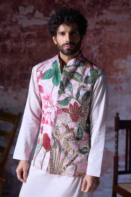 Mahima Mahajan_Pink Satin, Organza Sequins, Mirrors Gardenia Print Embroidered Bundi Set _Online_at_Aza_Fashions