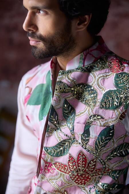 Buy_Mahima Mahajan_Pink Satin, Organza Sequins, Mirrors Gardenia Print Embroidered Bundi Set _Online_at_Aza_Fashions