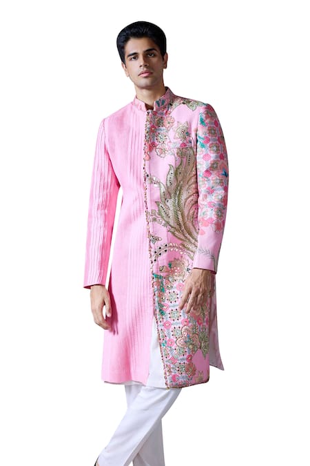 Mahima Mahajan_Pink Silk, Chanderi Sequins, Mirrors Azaan Gul Print Embroidered Sherwani Set _Online_at_Aza_Fashions