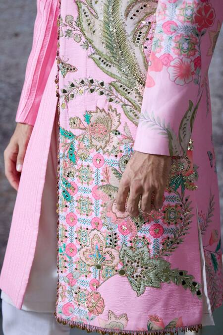 Shop_Mahima Mahajan_Pink Silk, Chanderi Sequins, Mirrors Azaan Gul Print Embroidered Sherwani Set _Online_at_Aza_Fashions