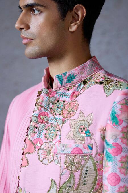 Mahima Mahajan_Pink Silk, Chanderi Sequins, Mirrors Azaan Gul Print Embroidered Sherwani Set _at_Aza_Fashions