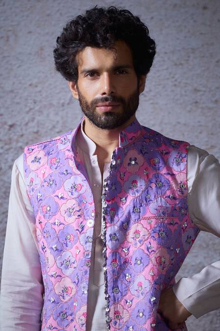 Buy_Mahima Mahajan_Purple Cotton Sequins Phool Mahal Embroidered Bundi Kurta Set _Online_at_Aza_Fashions