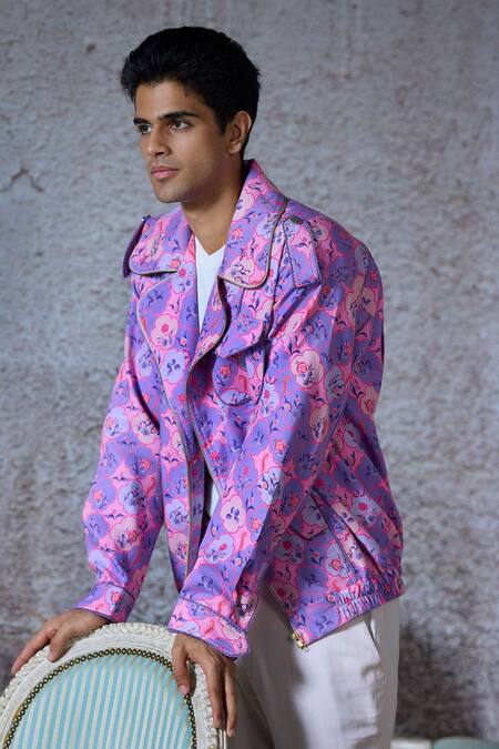 Mahima Mahajan_Purple Cotton Rob Gullista Jaal Print Bomber Jacket _Online_at_Aza_Fashions