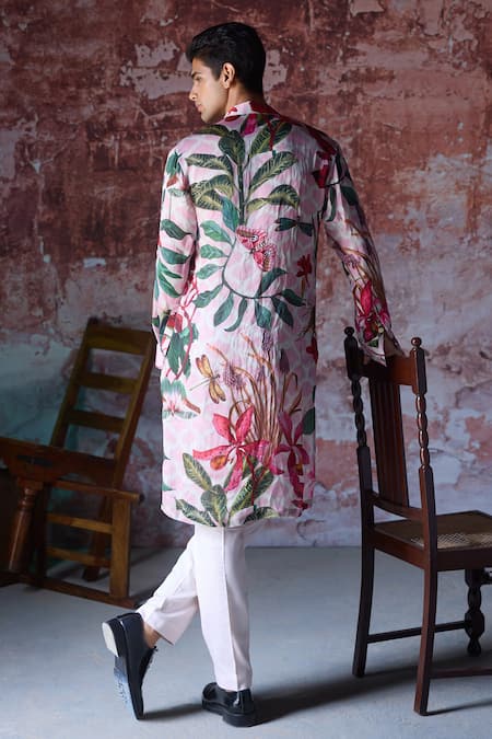 Shop Mahima Mahajan Pink Satin, Organza Embroidery Shaurya Botanic Garden Print Kurta With Pant at Aza Fashions Shop_Mahima Mahajan_Pink Satin, Organza Embroidery Shaurya Botanic Garden Print Kurta With Pant _at_Aza_Fashions