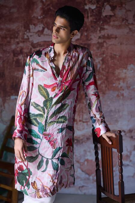 Buy Mahima Mahajan Pink Satin, Organza Embroidery Shaurya Botanic Garden Print Kurta With Pant Online at Aza Fashions Buy_Mahima Mahajan_Pink Satin, Organza Embroidery Shaurya Botanic Garden Print Kurta With Pant _Online_at_Aza_Fashions