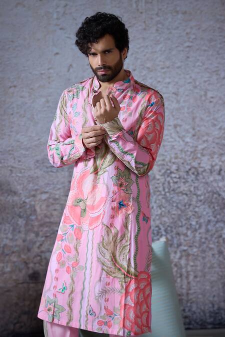 Shop Mahima Mahajan Pink Cotton Embroidery Surya Padma Bloom Print Kurta With Pant Online at Aza Fashions Shop_Mahima Mahajan_Pink Cotton Embroidery Surya Padma Bloom Print Kurta With Pant _Online_at_Aza_Fashions