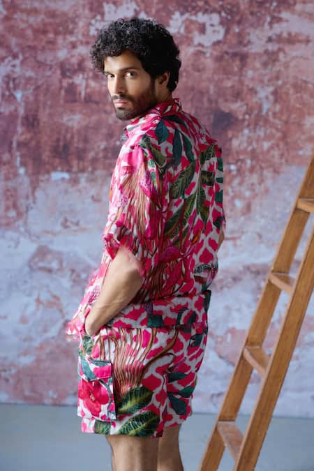 Shop Mahima Mahajan Pink Satin, Organza Embroidery Suvansh Rafflesia Bloom Print Shirt With Shorts at Aza Fashions Shop_Mahima Mahajan_Pink Satin, Organza Embroidery Suvansh Rafflesia Bloom Print Shirt With Shorts _at_Aza_Fashions