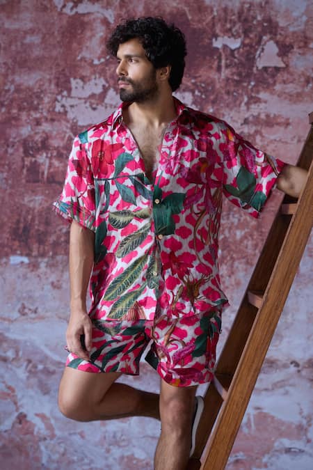 Mahima Mahajan Pink Satin, Organza Embroidery Suvansh Rafflesia Bloom Print Shirt With Shorts Online at Aza Fashions Mahima Mahajan_Pink Satin, Organza Embroidery Suvansh Rafflesia Bloom Print Shirt With Shorts _Online_at_Aza_Fashions