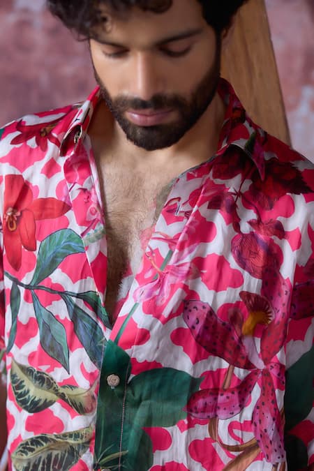 Shop Mahima Mahajan Pink Satin, Organza Embroidery Suvansh Rafflesia Bloom Print Shirt With Shorts Online at Aza Fashions Shop_Mahima Mahajan_Pink Satin, Organza Embroidery Suvansh Rafflesia Bloom Print Shirt With Shorts _Online_at_Aza_Fashions