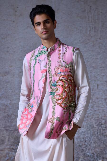 Buy_Mahima Mahajan_Pink Silk, Chanderi, Cotton Sequins, Mirrors Padma Print Embroidered Bundi Set _Online_at_Aza_Fashions