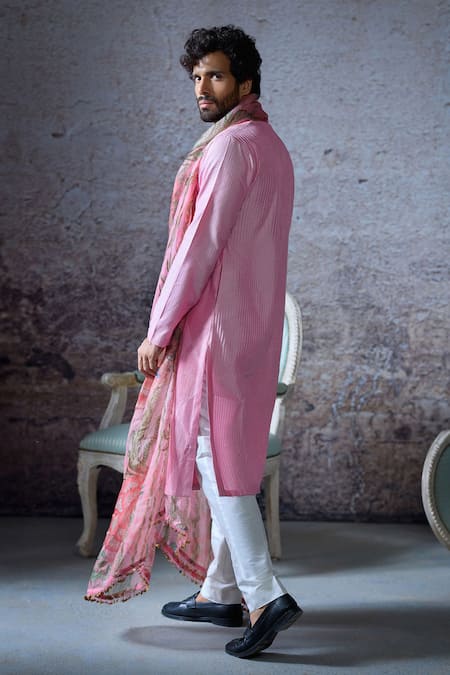 Shop_Mahima Mahajan_Pink Organza, Silk, Chanderi Wakim Checkerboard Pintuck Kurta Pant Set _at_Aza_Fashions