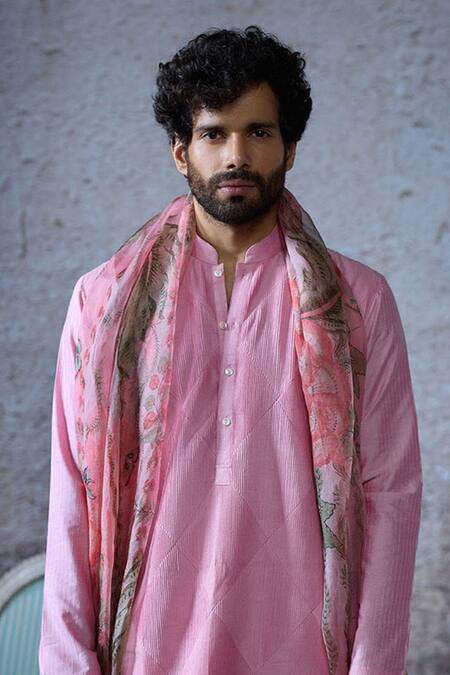 Buy_Mahima Mahajan_Pink Organza, Silk, Chanderi Wakim Checkerboard Pintuck Kurta Pant Set _Online_at_Aza_Fashions