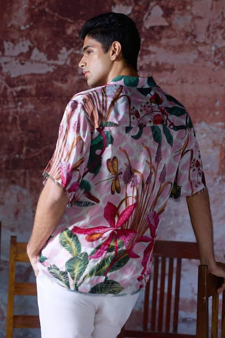Shop Mahima Mahajan Pink Satin, Organza Wali Bloom Garden Print Shirt at Aza Fashions Shop_Mahima Mahajan_Pink Satin, Organza Wali Bloom Garden Print Shirt _at_Aza_Fashions