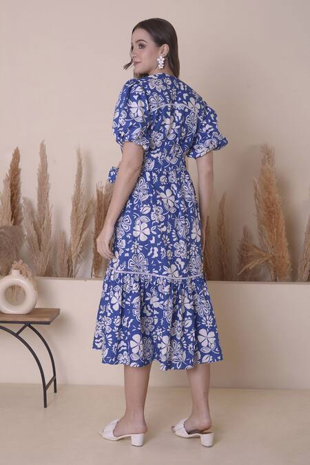 Shop_Surabhi Arya_Blue Cotton Lace V-neck Floral Print Dress _at_Aza_Fashions