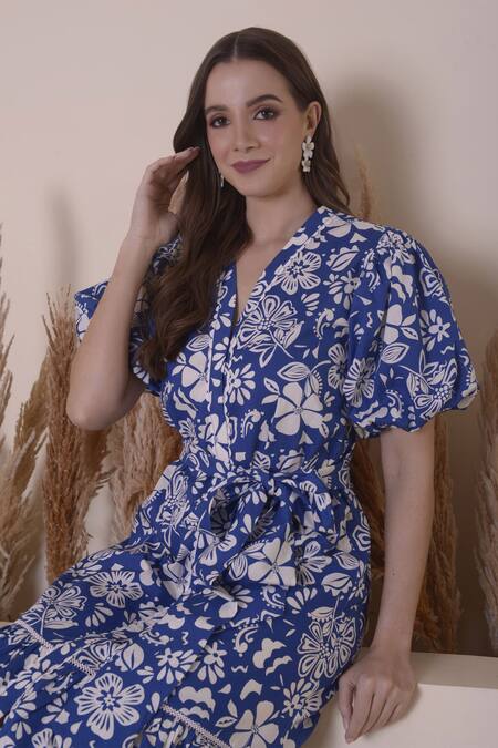 Shop_Surabhi Arya_Blue Cotton Lace V-neck Floral Print Dress _Online_at_Aza_Fashions