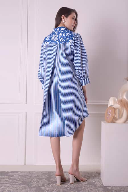 Shop_Surabhi Arya_Blue Cotton Collared Floral And Stripe Print Shirt Dress _at_Aza_Fashions