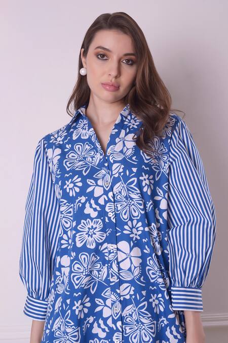 Shop_Surabhi Arya_Blue Cotton Collared Floral And Stripe Print Shirt Dress _Online_at_Aza_Fashions