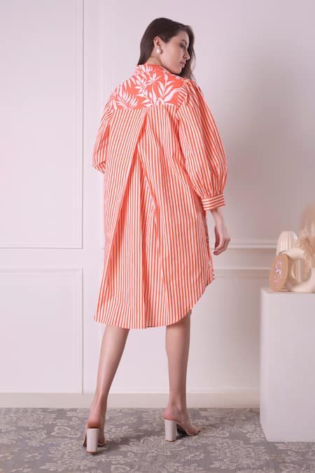 Shop_Surabhi Arya_Orange Cotton Collared Tropical And Stripe Print Shirt Dress _at_Aza_Fashions