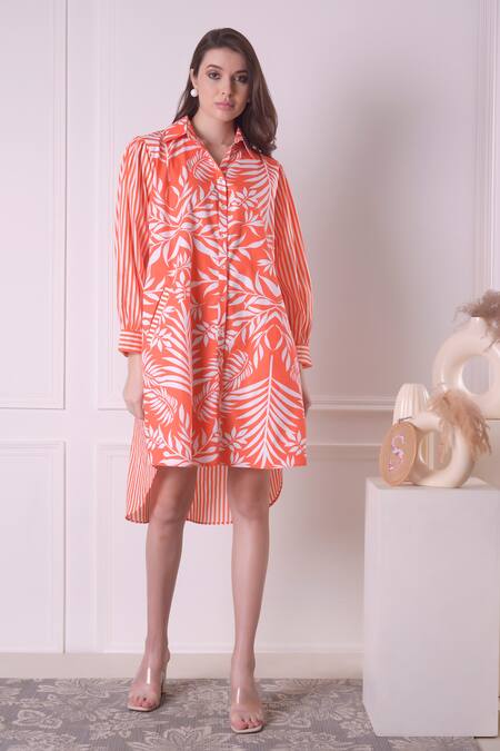 Surabhi Arya_Orange Cotton Collared Tropical And Stripe Print Shirt Dress _Online_at_Aza_Fashions