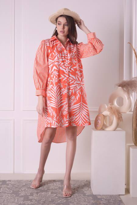 Buy_Surabhi Arya_Orange Cotton Collared Tropical And Stripe Print Shirt Dress _Online_at_Aza_Fashions