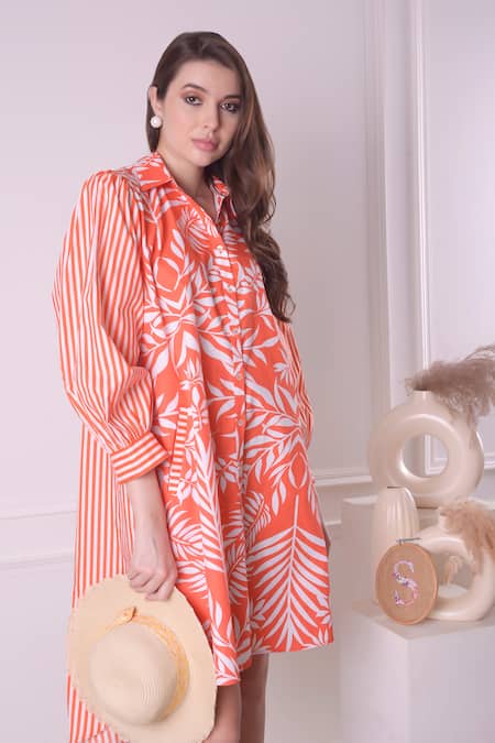 Buy_Surabhi Arya_Orange Cotton Collared Tropical And Stripe Print Shirt Dress 