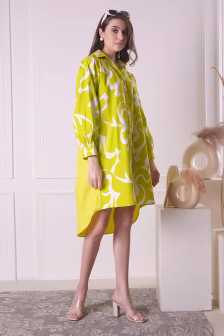 Buy_Surabhi Arya_Green Cotton Collared Printed Shirt Dress _Online_at_Aza_Fashions