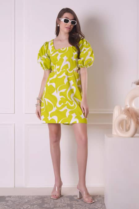 Surabhi Arya Green Cotton Printed Abstract Square Neck Enchanting Dress 