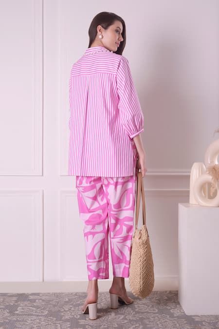 Shop_Surabhi Arya_Pink Cotton Embroidery Collared Floral Stripe Print Shirt And Pant Set _at_Aza_Fashions