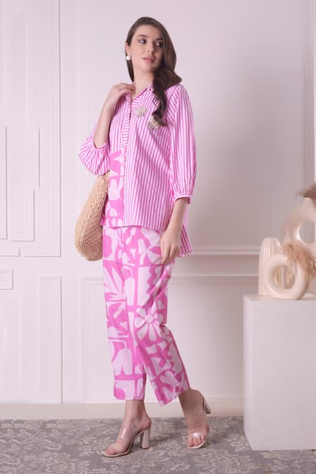 Shop_Surabhi Arya_Pink Cotton Embroidery Collared Floral Stripe Print Shirt And Pant Set _Online_at_Aza_Fashions