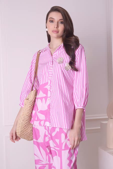 Surabhi Arya_Pink Cotton Embroidery Collared Floral Stripe Print Shirt And Pant Set _at_Aza_Fashions