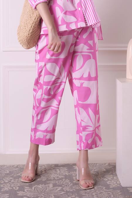 Buy Surabhi Arya Pink Cotton Embroidery Collared Floral Stripe Print Shirt And Pant Set Buy_Surabhi Arya_Pink Cotton Embroidery Collared Floral Stripe Print Shirt And Pant Set