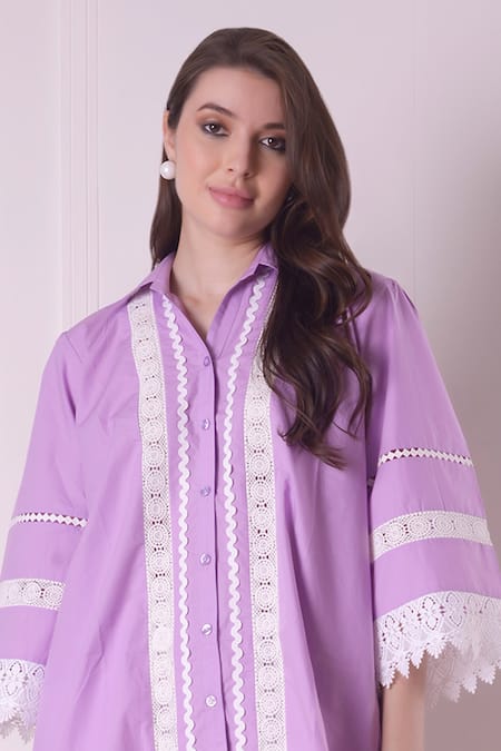 Surabhi Arya_Purple Cotton Lace Collared Work Shirt _Online_at_Aza_Fashions