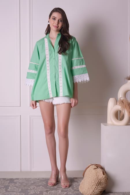 Surabhi Arya Green Cotton Embroidered Lace Collared Button Down Shirt 