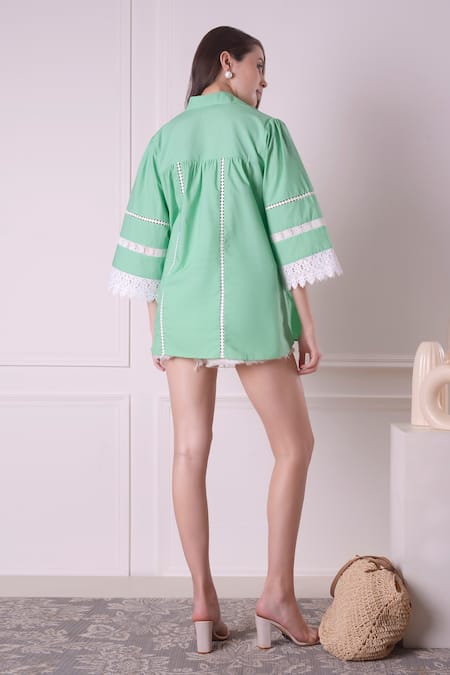 Shop_Surabhi Arya_Green Cotton Lace Collared Embroidered Button Down Shirt _at_Aza_Fashions