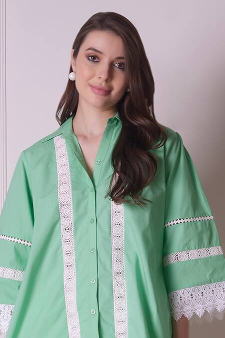 Surabhi Arya_Green Cotton Lace Collared Embroidered Button Down Shirt _Online_at_Aza_Fashions