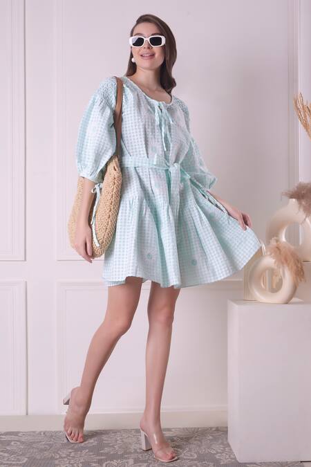 Buy_Surabhi Arya_Green Cotton Embroidery Round Neck Checkered Floral Applique Work Dress _Online_at_Aza_Fashions