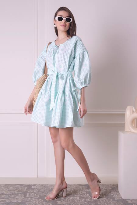 Shop_Surabhi Arya_Green Cotton Embroidery Round Neck Checkered Floral Applique Work Dress _Online_at_Aza_Fashions