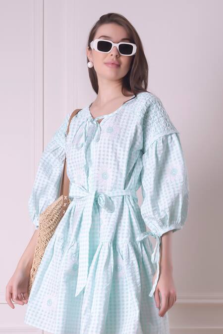 Surabhi Arya Green Cotton Embroidery Round Neck Checkered Floral Applique Work Dress at Aza Fashions Surabhi Arya_Green Cotton Embroidery Round Neck Checkered Floral Applique Work Dress _at_Aza_Fashions