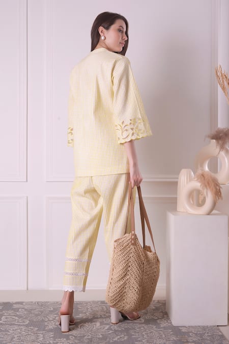 Shop_Surabhi Arya_Yellow Cotton Cut Work, Lace Collared, V-neck Cutwork Hem Shirt And Pant Set _at_Aza_Fashions
