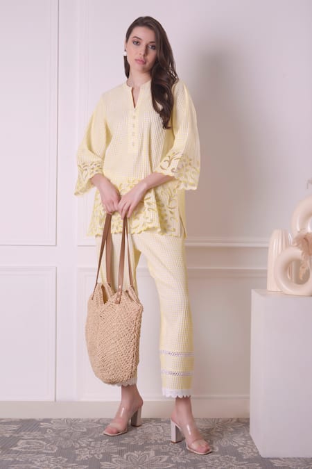 Buy_Surabhi Arya_Yellow Cotton Cut Work, Lace Collared, V-neck Cutwork Hem Shirt And Pant Set _Online_at_Aza_Fashions