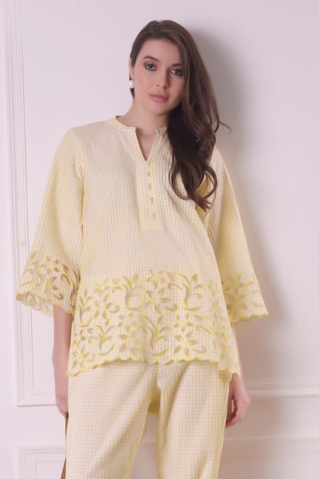 Buy_Surabhi Arya_Yellow Cotton Cut Work, Lace Collared, V-neck Cutwork Hem Shirt And Pant Set 