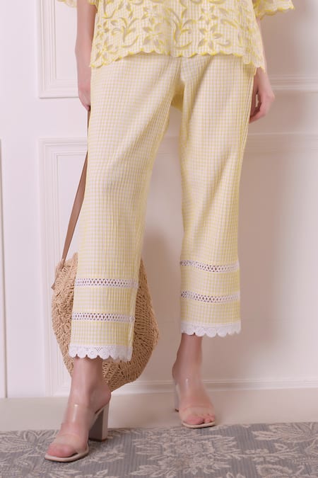 Shop_Surabhi Arya_Yellow Cotton Cut Work, Lace Collared, V-neck Cutwork Hem Shirt And Pant Set 