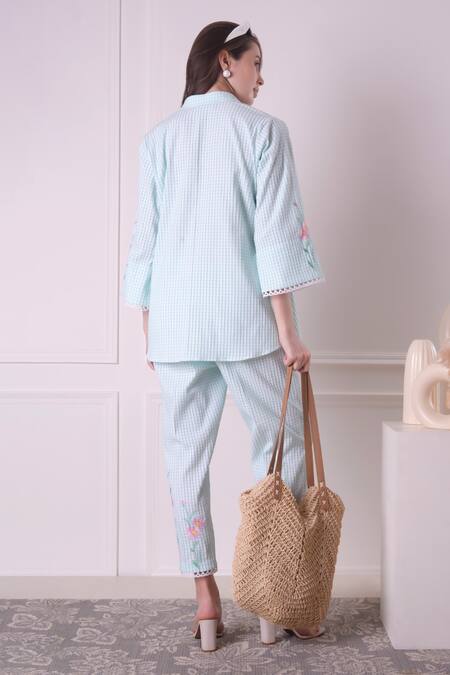 Shop_Surabhi Arya_Green Cotton Applique, Embroidery Collared Checkered Floral Work Dress _at_Aza_Fashions