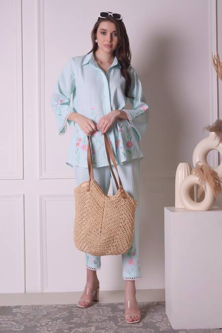 Surabhi Arya_Green Cotton Applique, Embroidery Collared Checkered Floral Work Dress _Online_at_Aza_Fashions