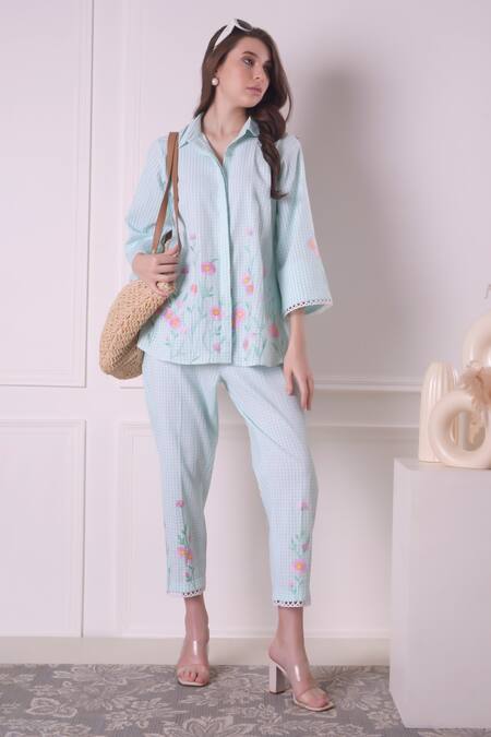 Buy_Surabhi Arya_Green Cotton Applique, Embroidery Collared Checkered Floral Work Dress _Online_at_Aza_Fashions